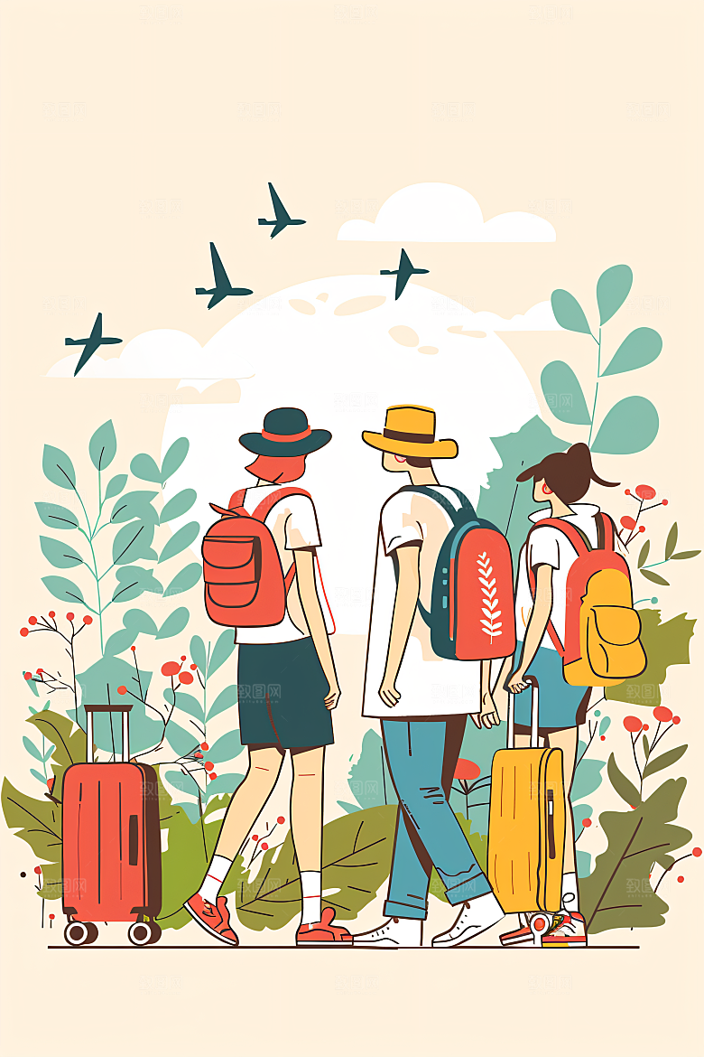 扁平风旅游手绘简约插画