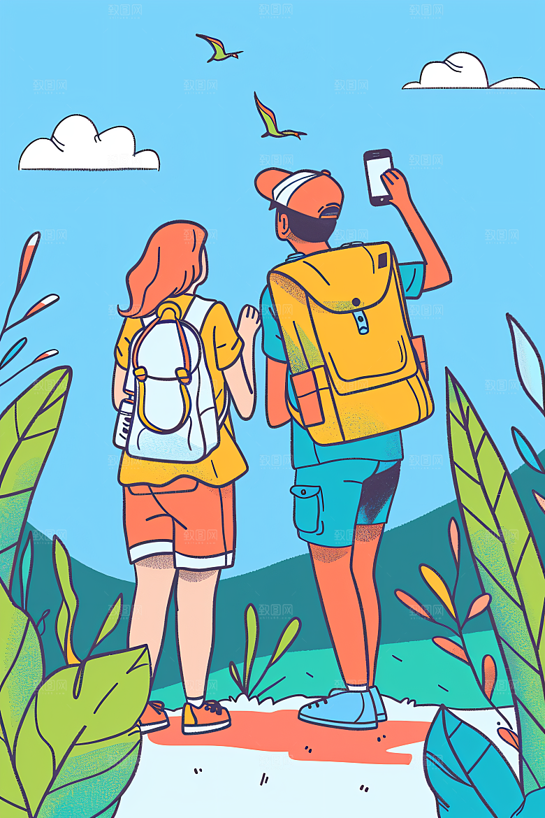扁平风旅游露营徒步插画
