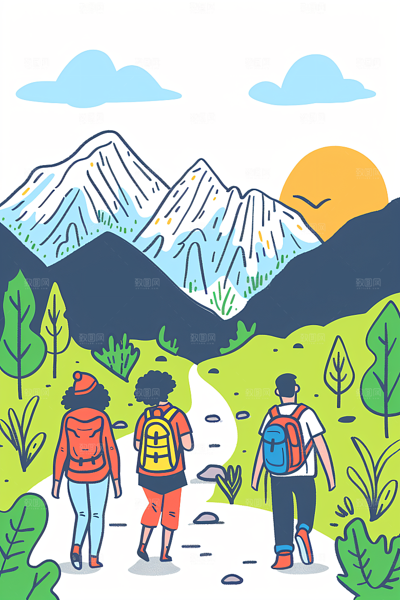 扁平风旅游踏青自由行插画