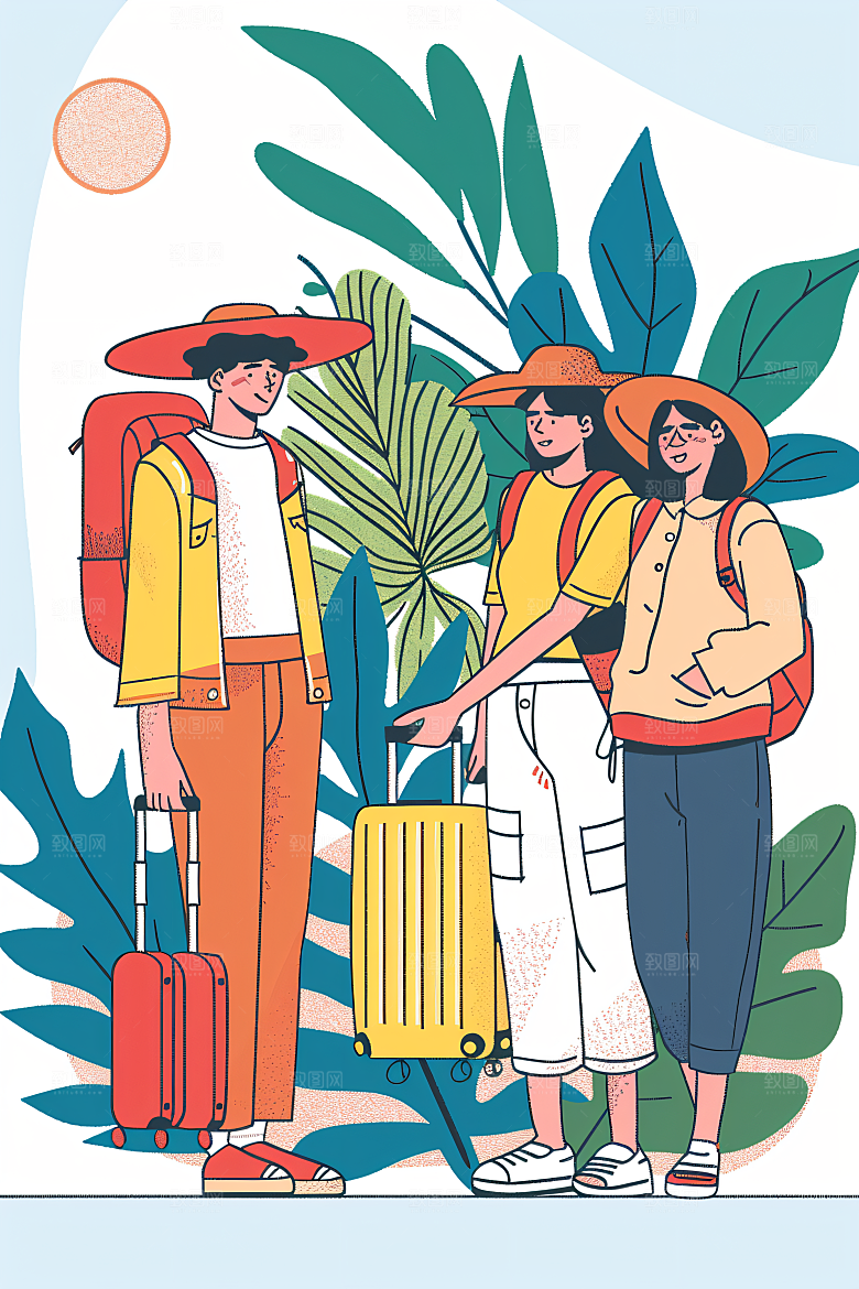 扁平风旅游氛围感自由行插画