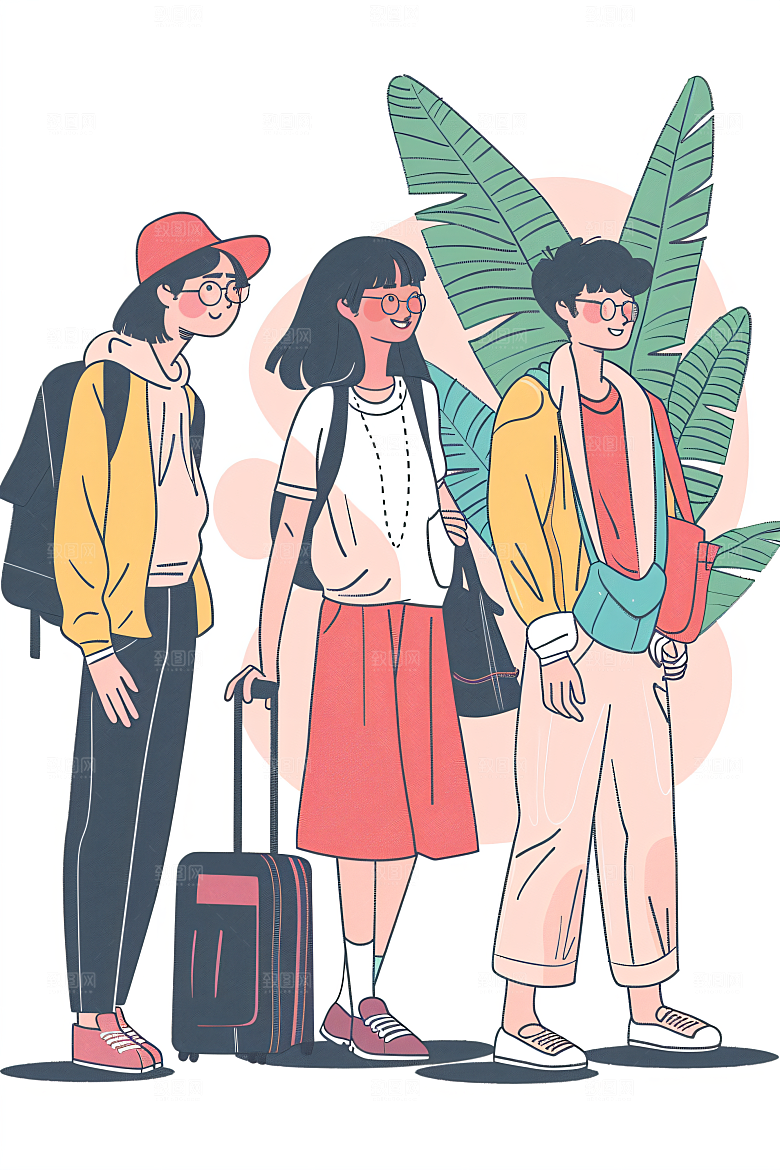 扁平风旅游徒步清新插画