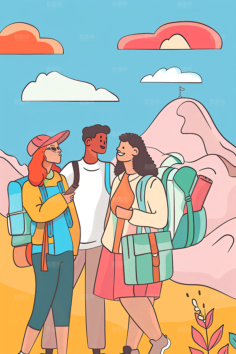 扁平风旅游山野清新插画