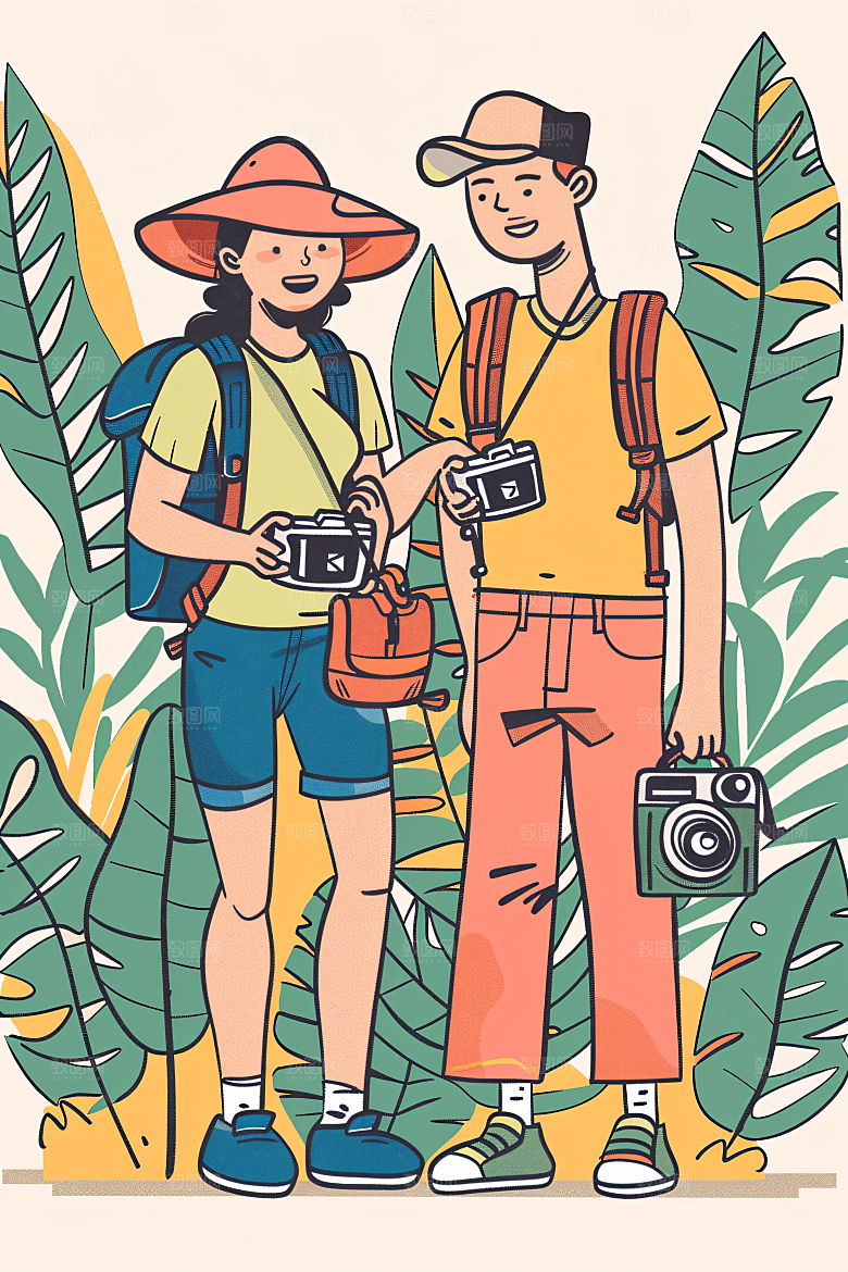 扁平风旅游彩色旅行插画