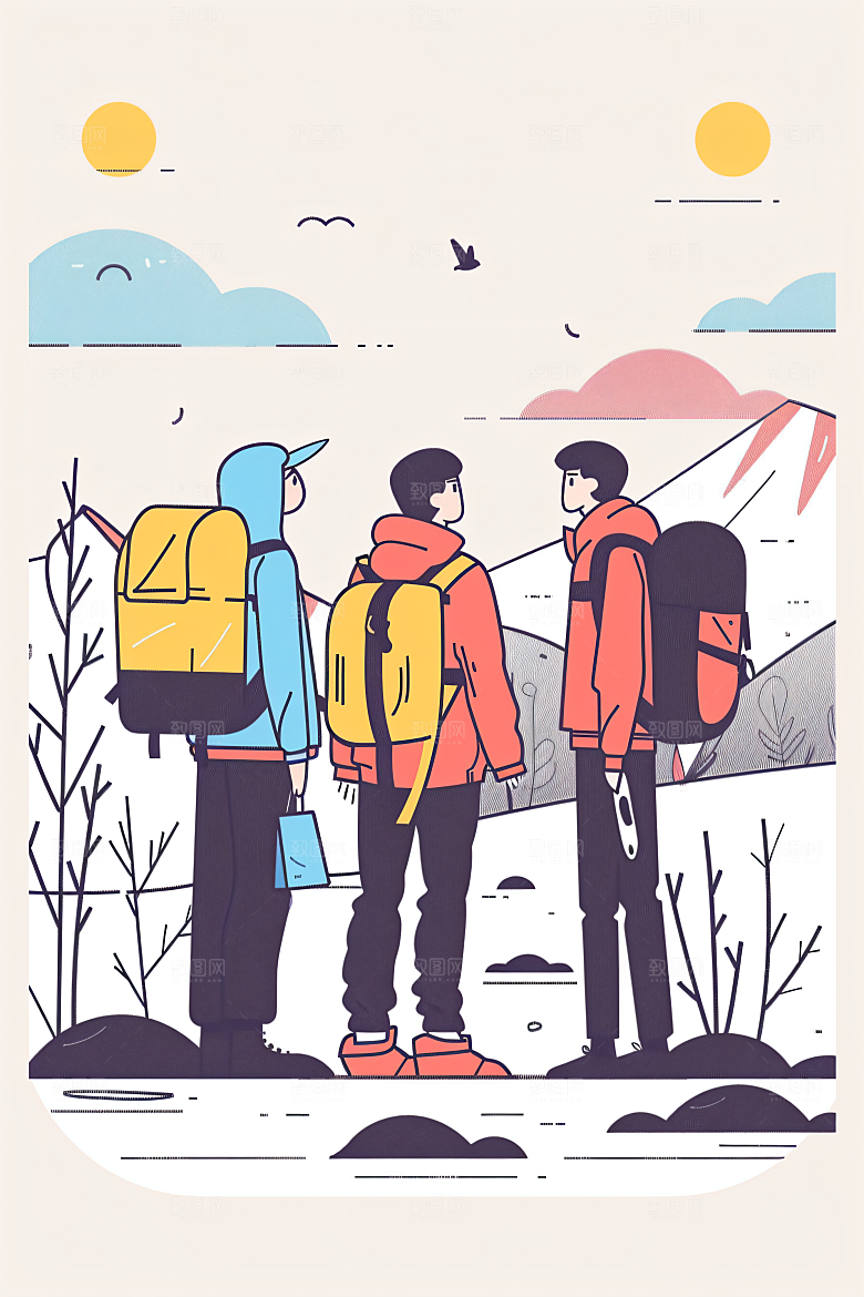 扁平风旅游彩色自由行插画