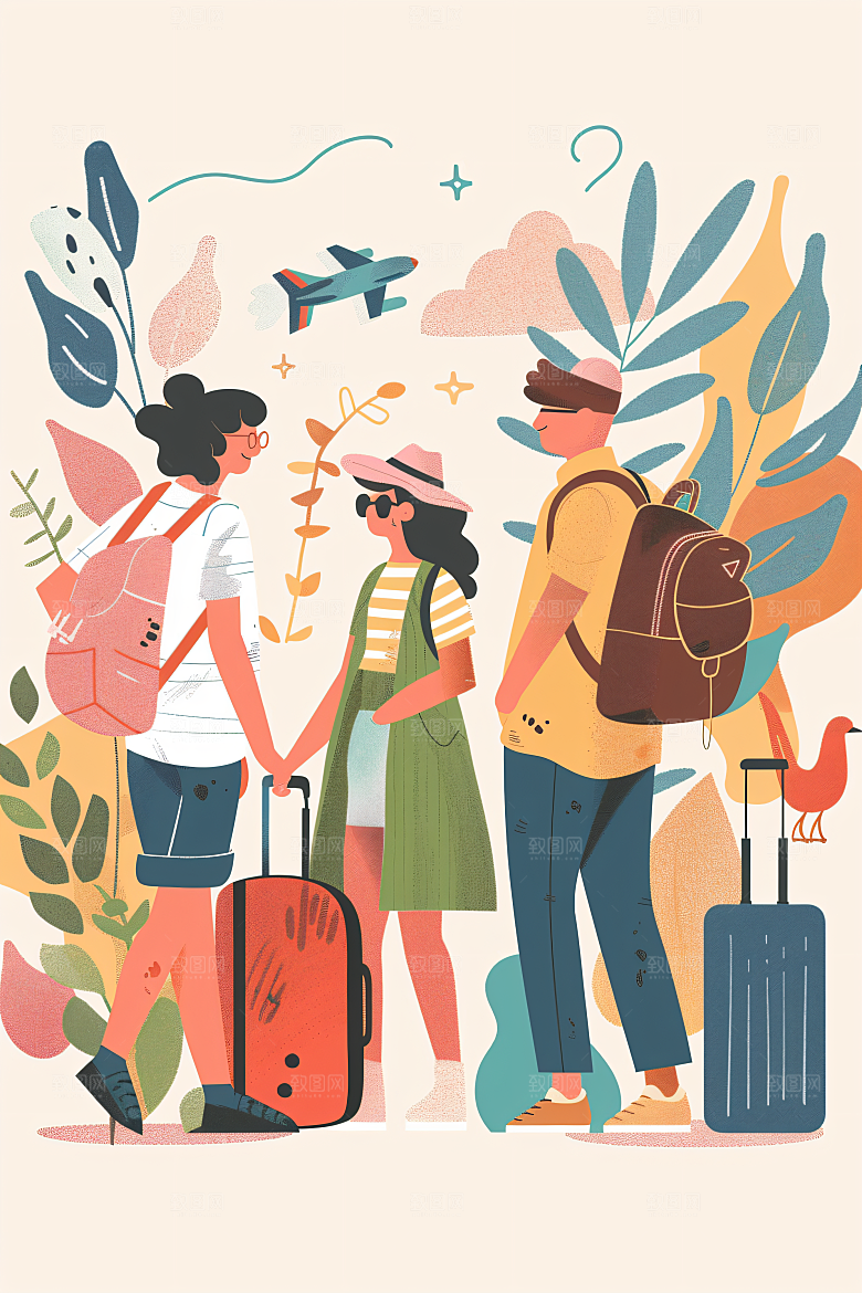 扁平风旅游氛围感踏青插画