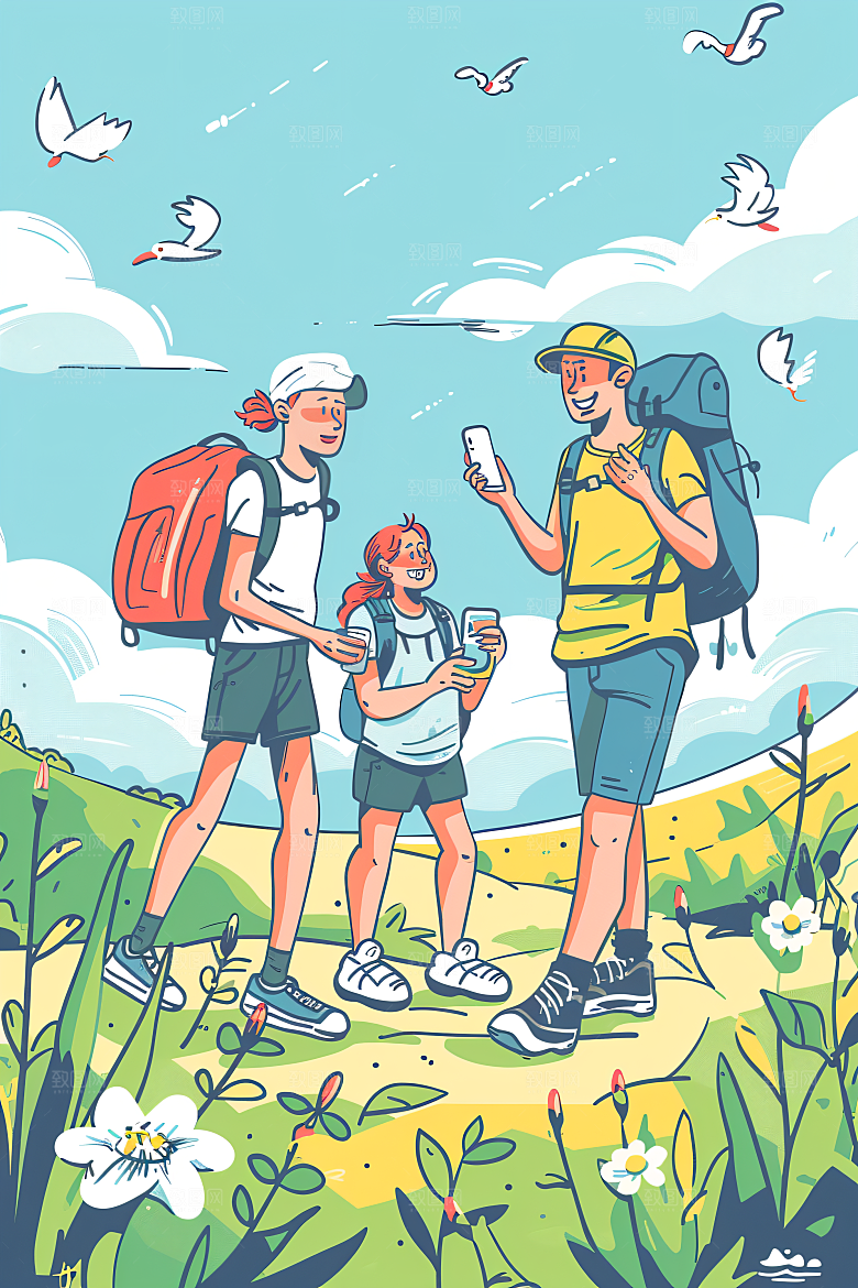扁平风旅游手绘自然插画