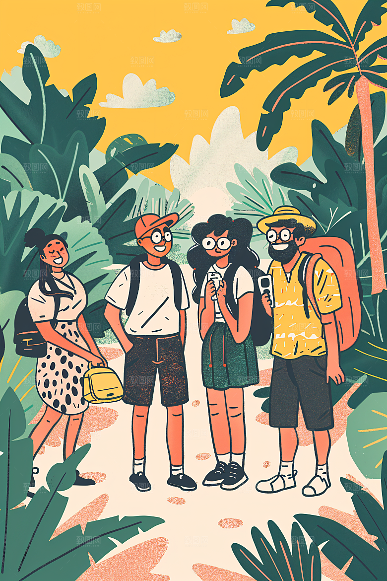 扁平风旅游简约氛围感插画