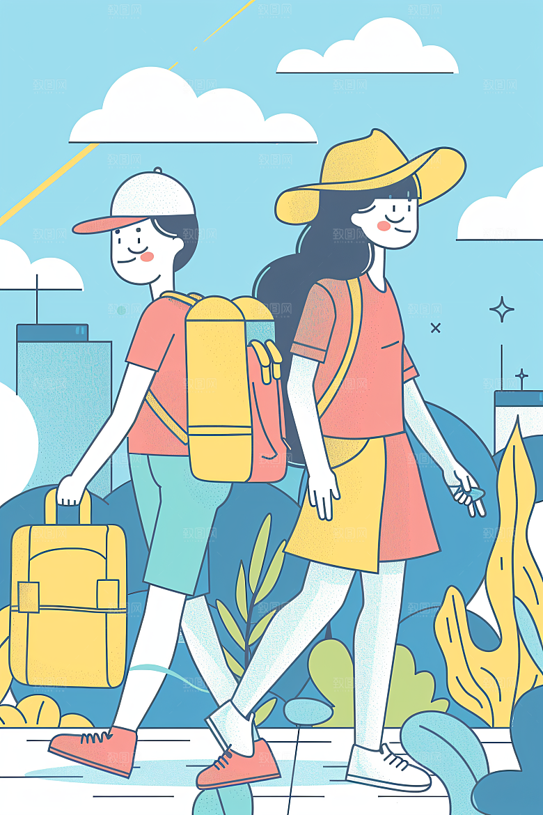 扁平风旅游自然清新插画