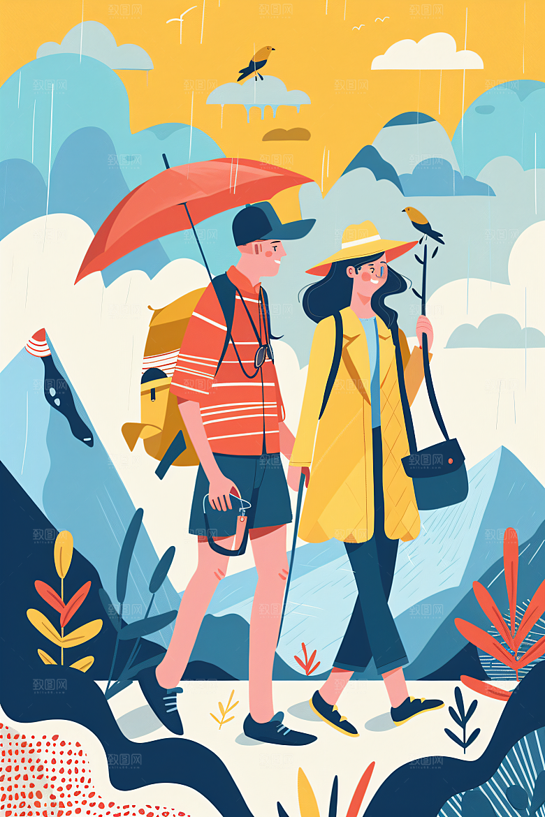 扁平风旅游徒步休闲插画