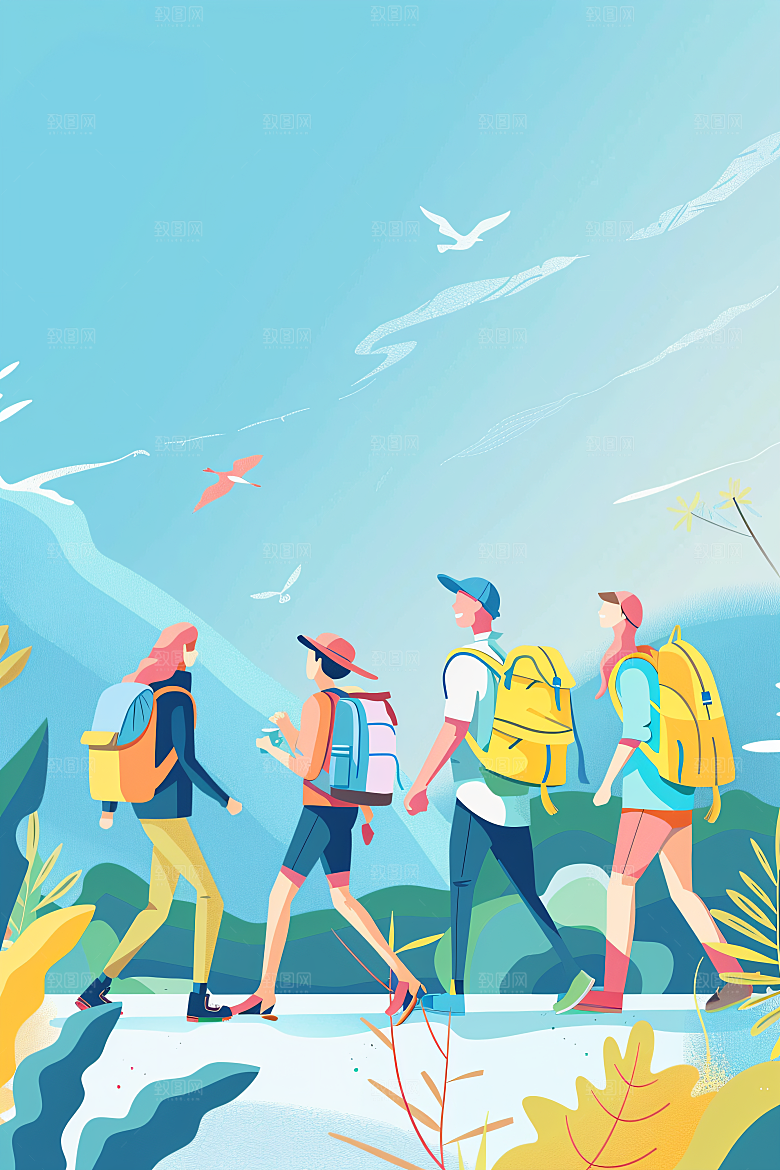 扁平风旅游踏青清新插画