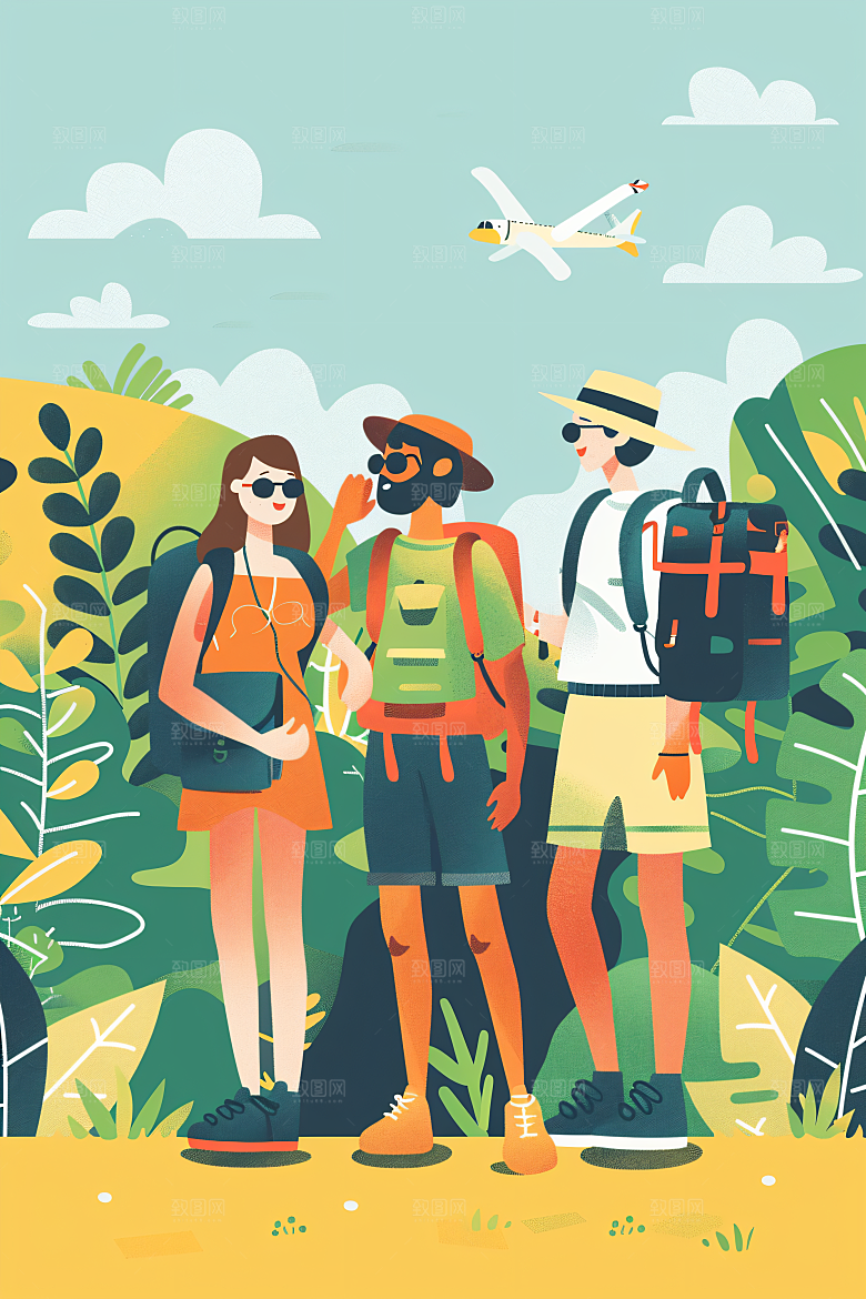 扁平风旅游踏青氛围感插画