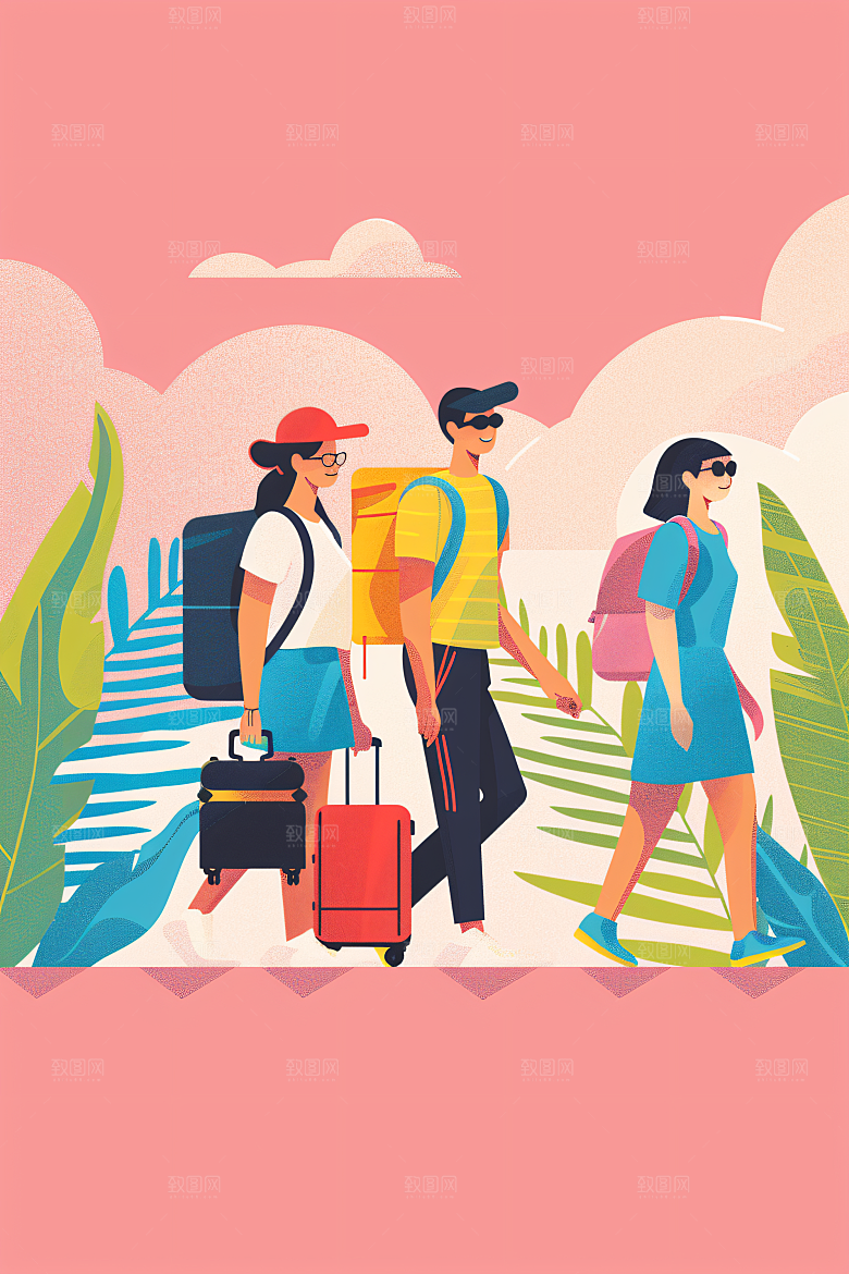 扁平风旅游自由行山野插画