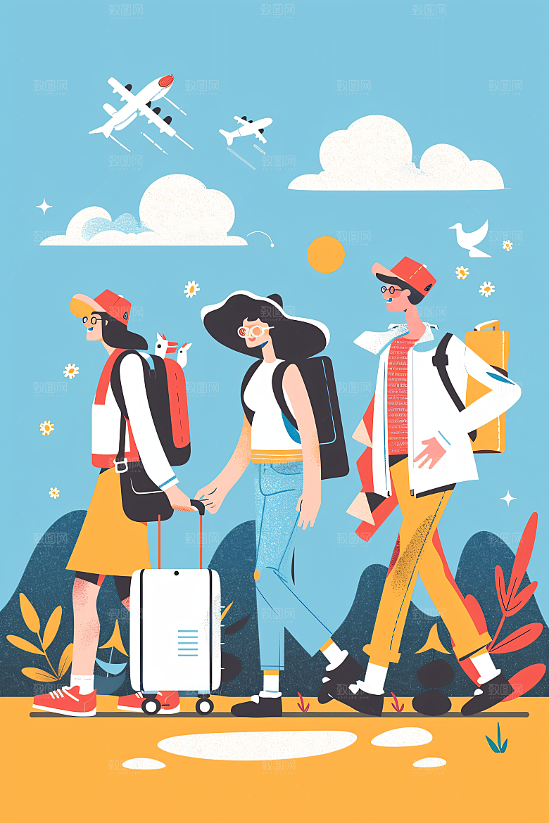扁平风旅游清新彩色插画