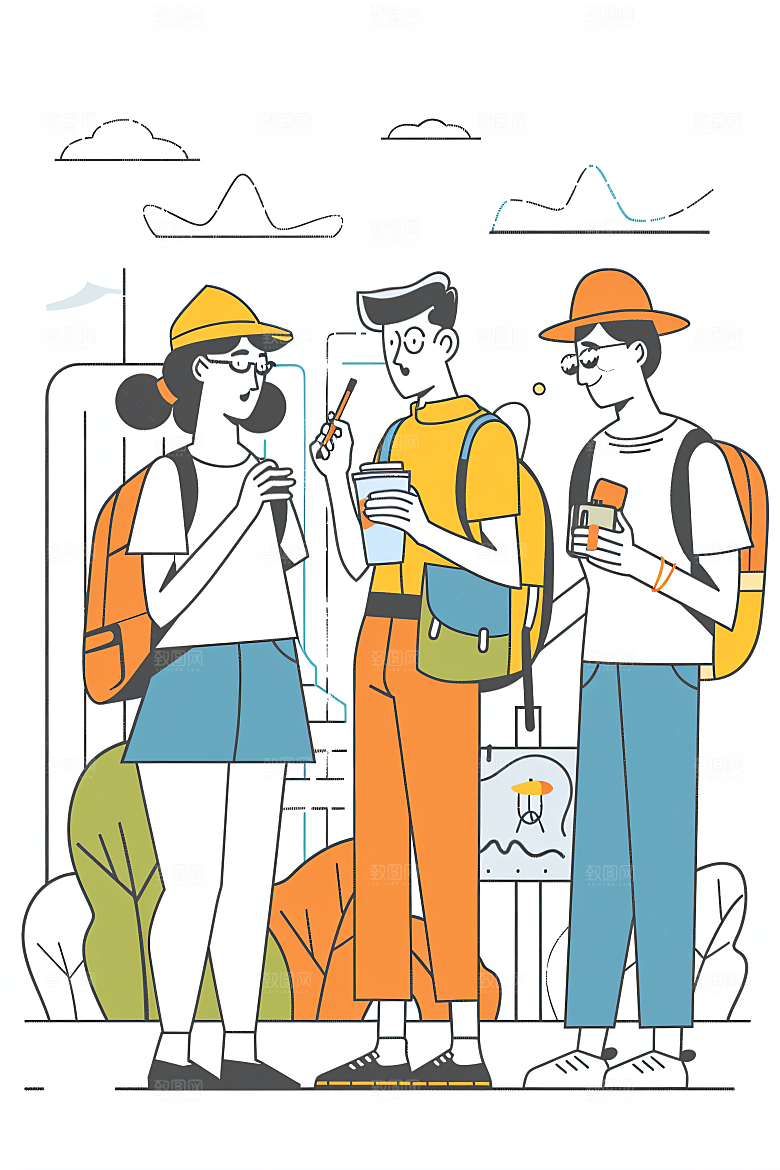 扁平风旅游踏青旅行插画