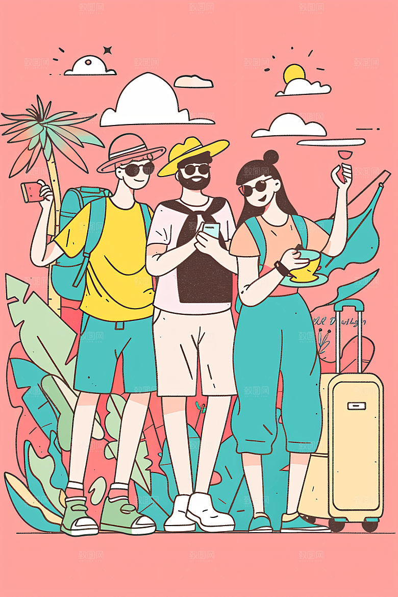 扁平风旅游彩色旅行插画