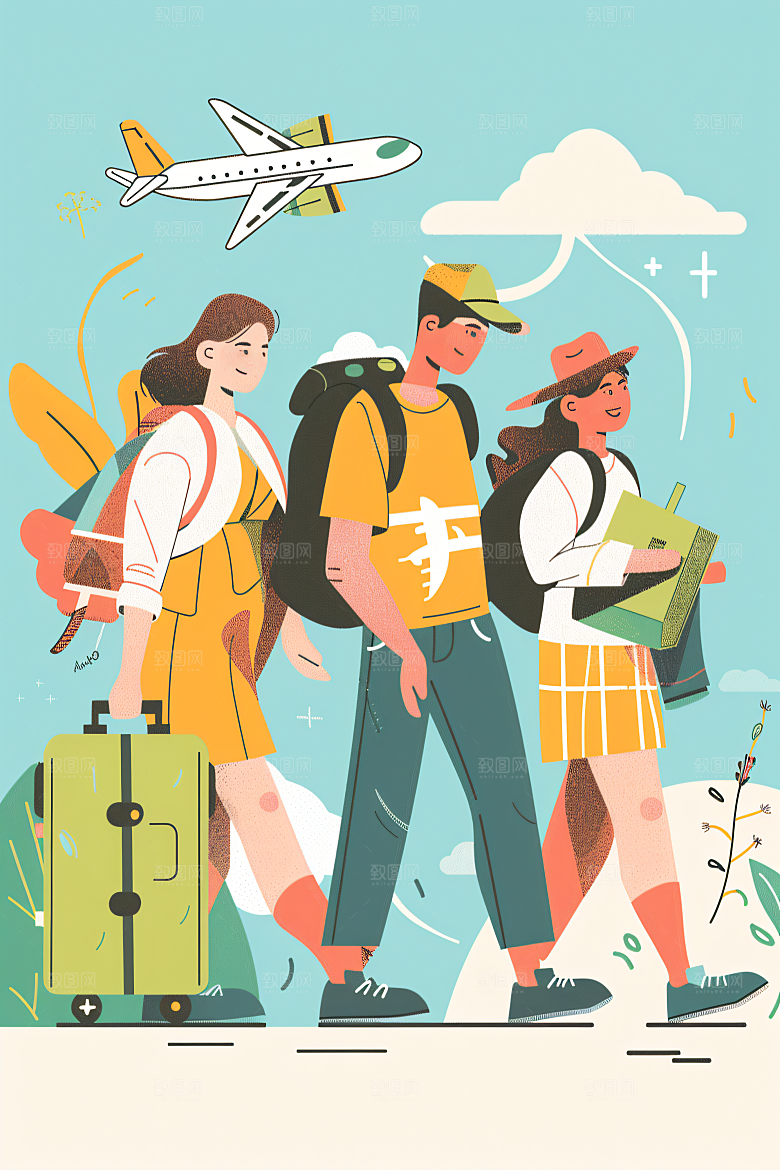 扁平风旅游自然自由行插画