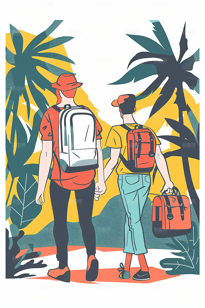 扁平风旅游手绘彩色插画