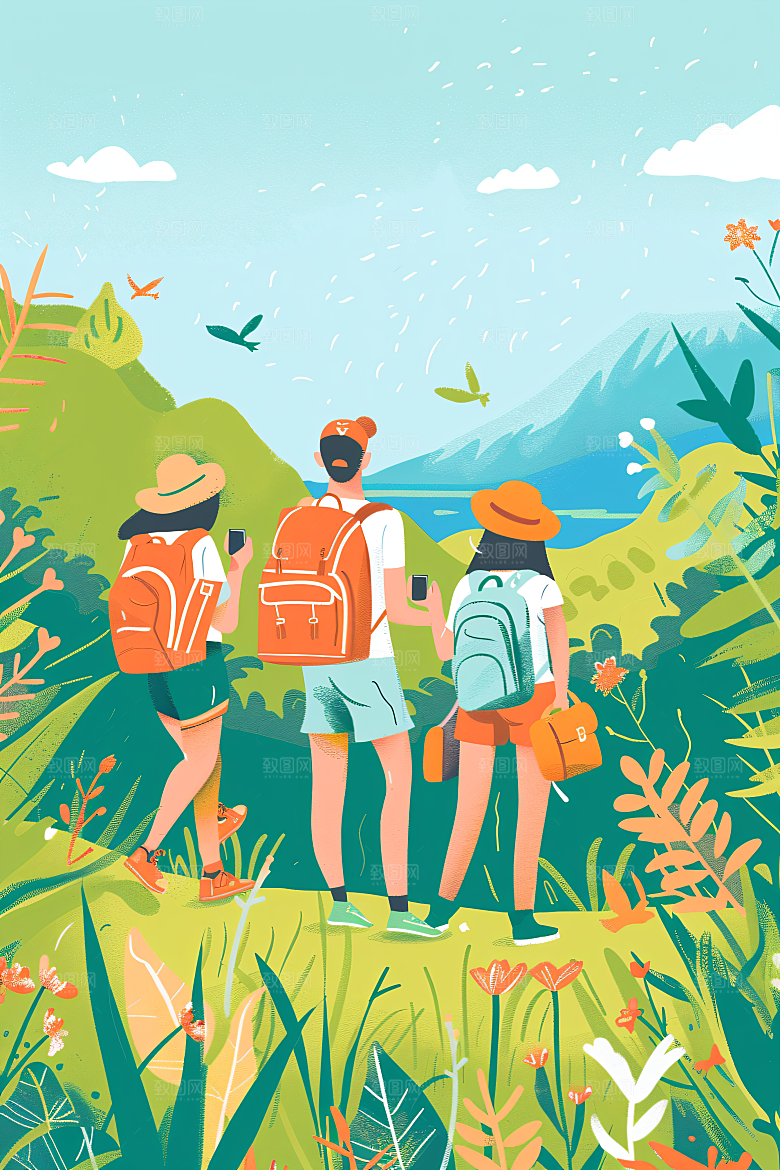 扁平风旅游休闲彩色插画
