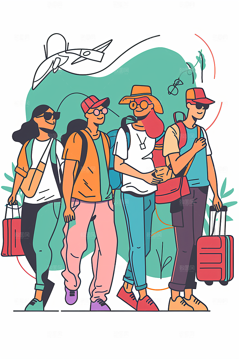 扁平风旅游手绘清新插画