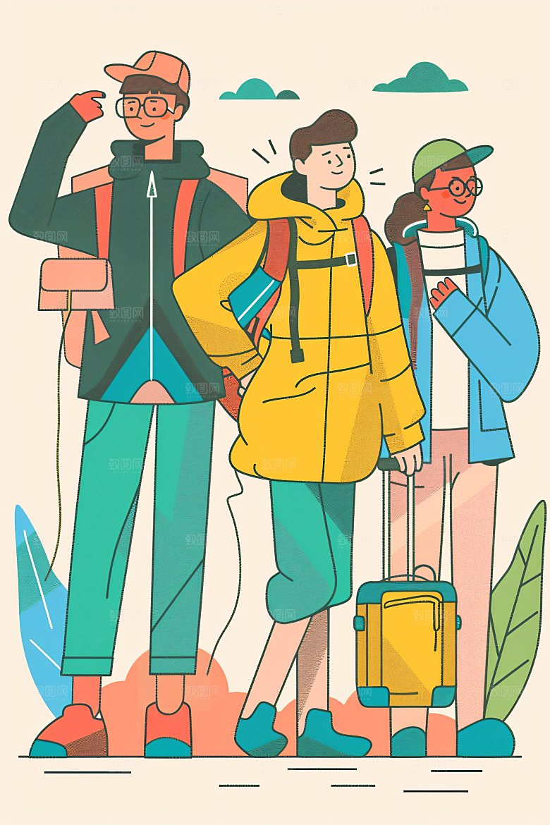 扁平风旅游徒步彩色插画