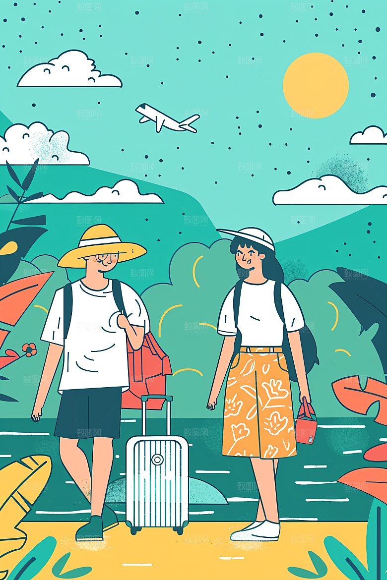扁平风旅游徒步氛围感插画