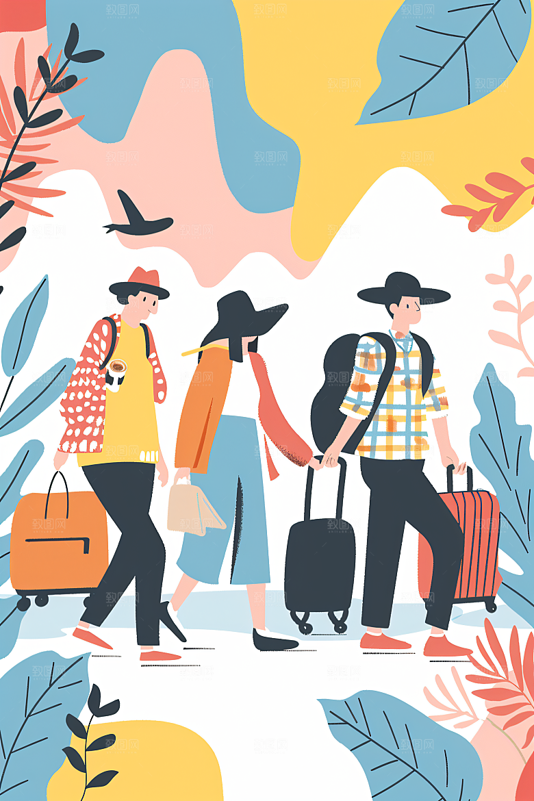 扁平风旅游自由行简约插画