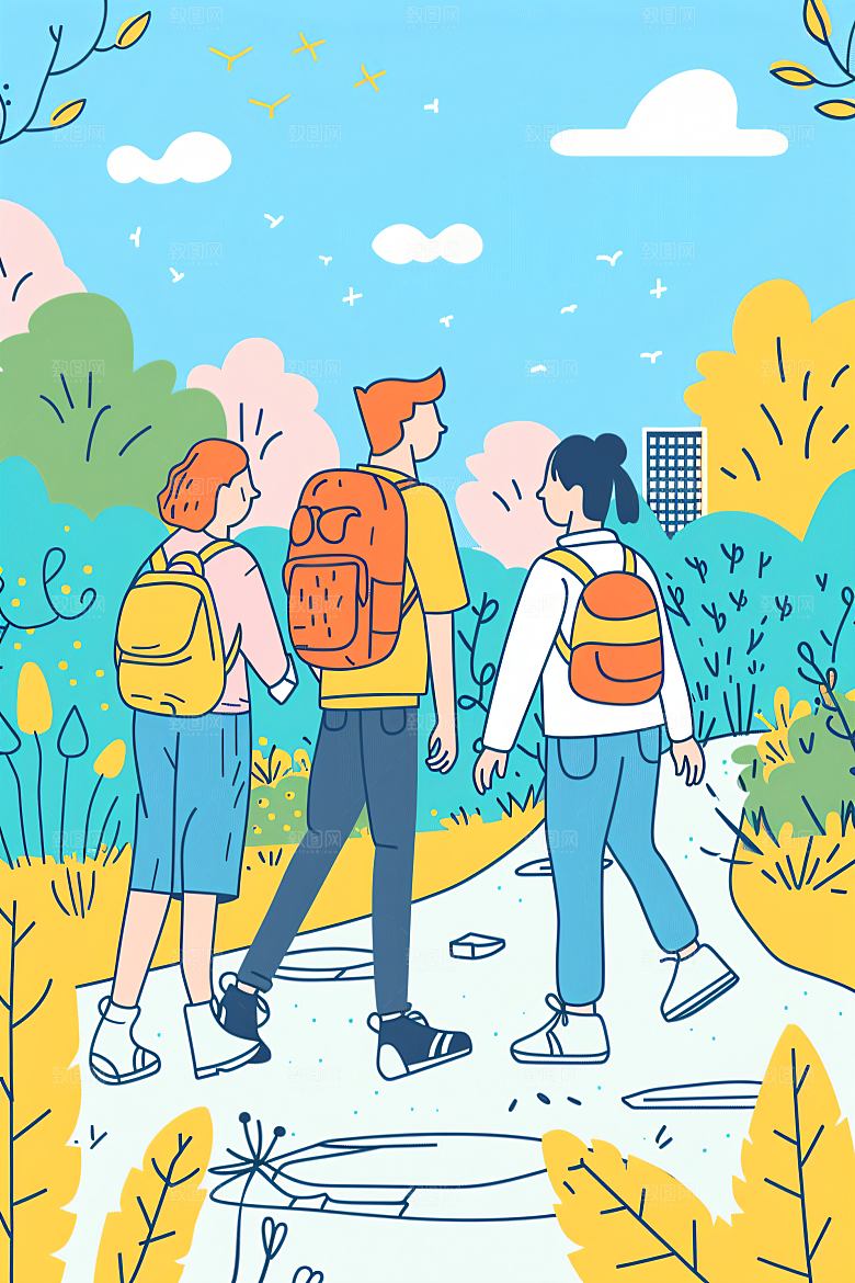 扁平风旅游氛围感自由行插画