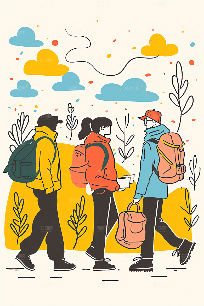 扁平风旅游山野清新插画