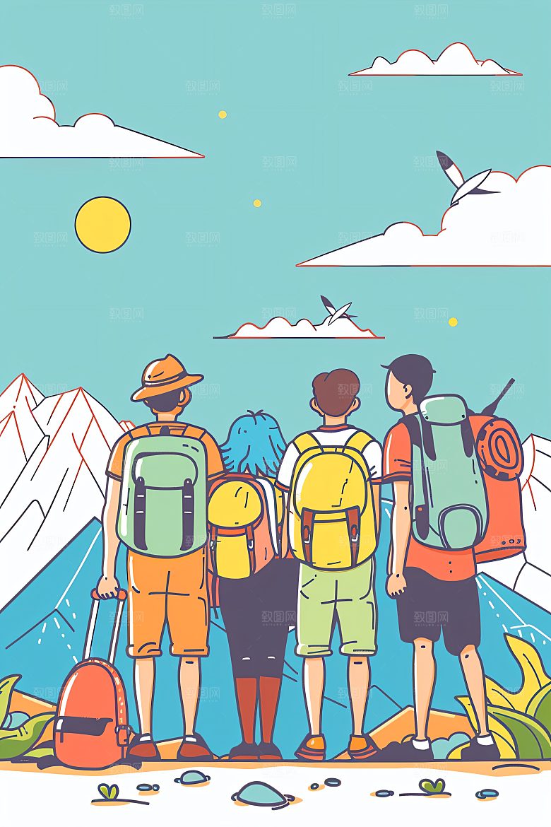 扁平风旅游清新徒步插画