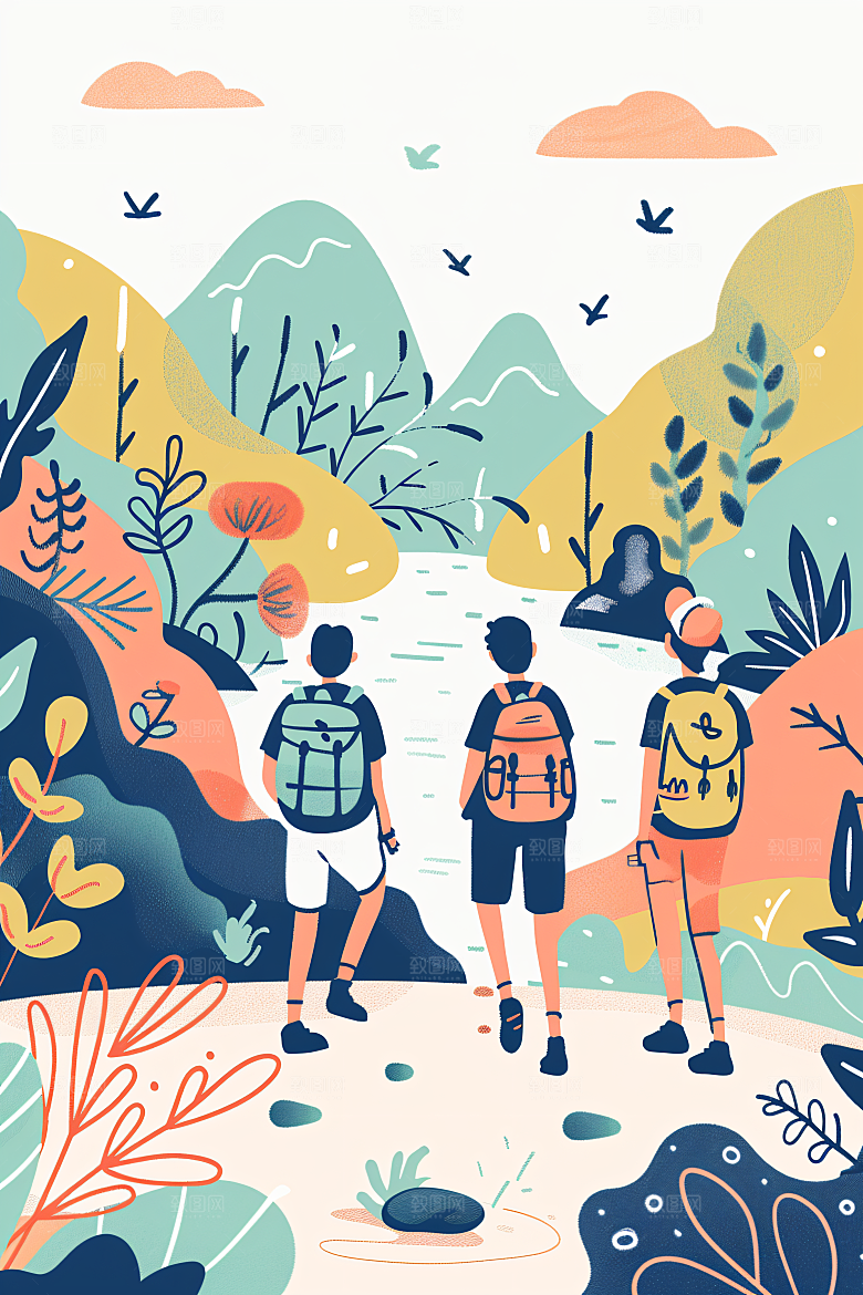 扁平风旅游自然露营插画