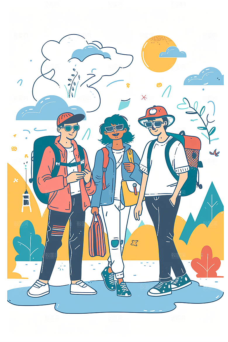 扁平风旅游露营自然插画