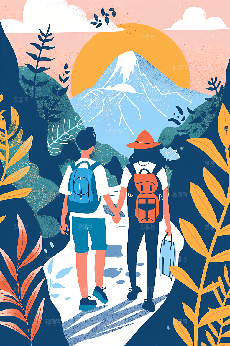 扁平风旅游户外踏青插画
