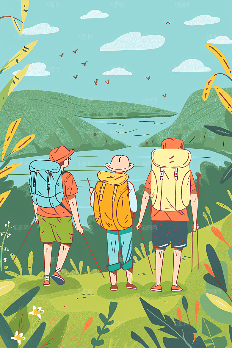 扁平风旅游山野手绘插画