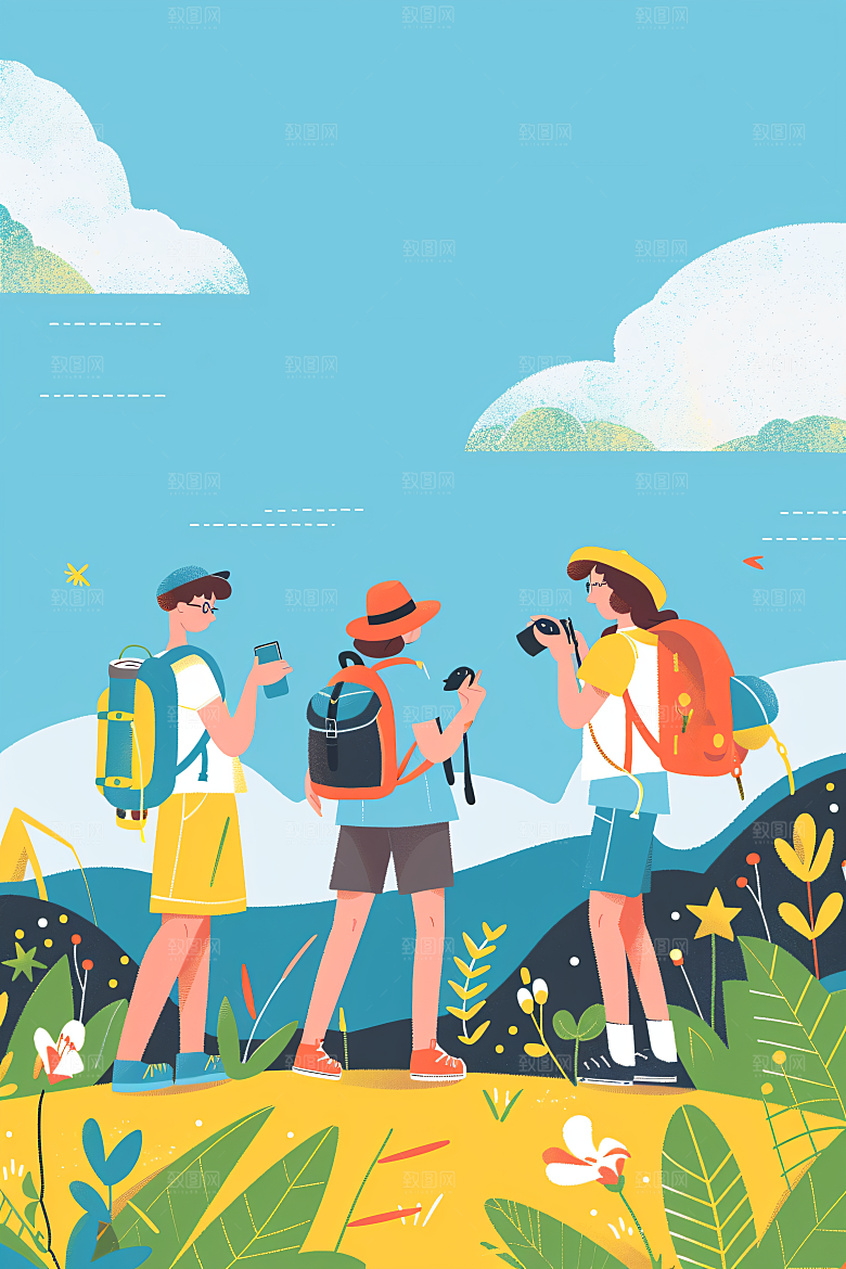 扁平风旅游自由行氛围感插画