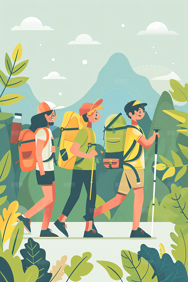 扁平风旅游踏青户外插画