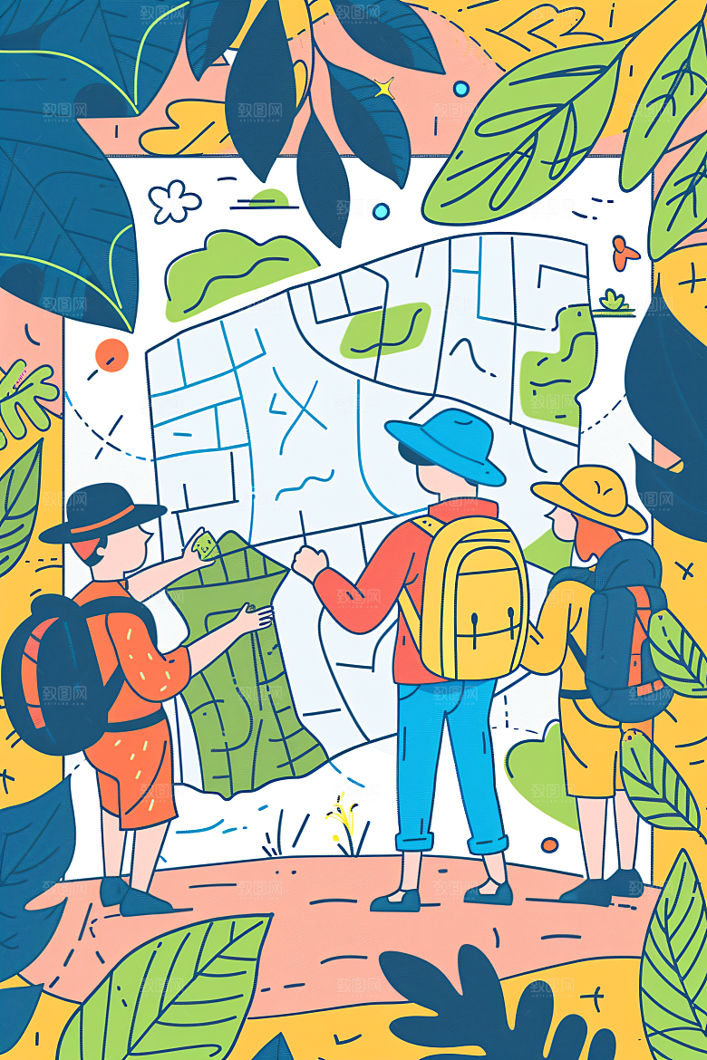 扁平风旅游山野旅行插画