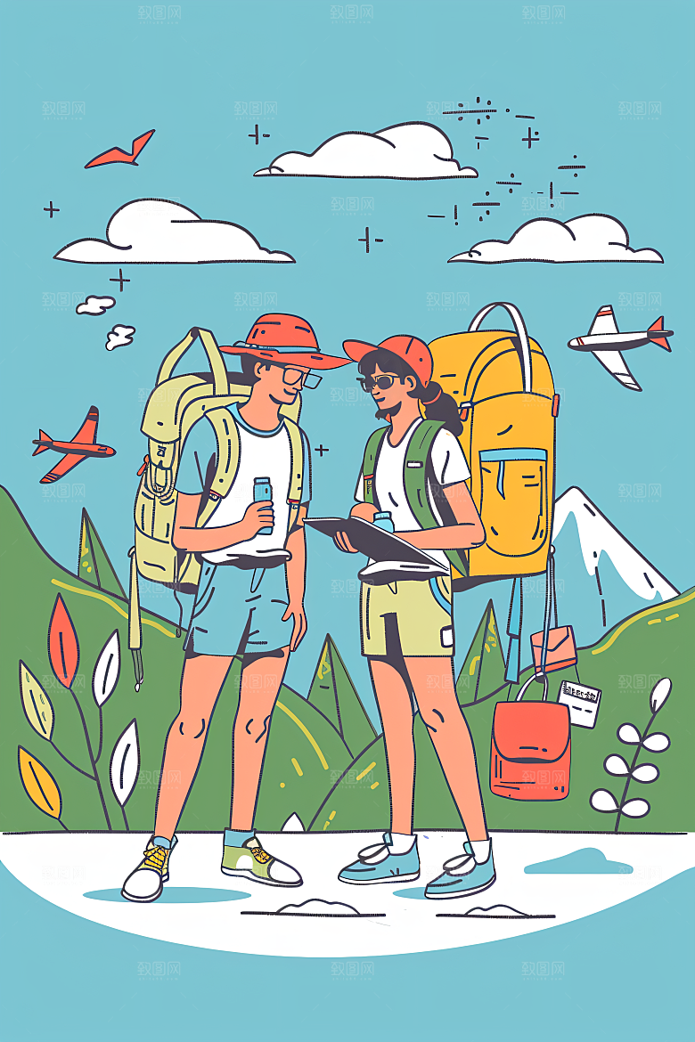 扁平风旅游露营清新插画