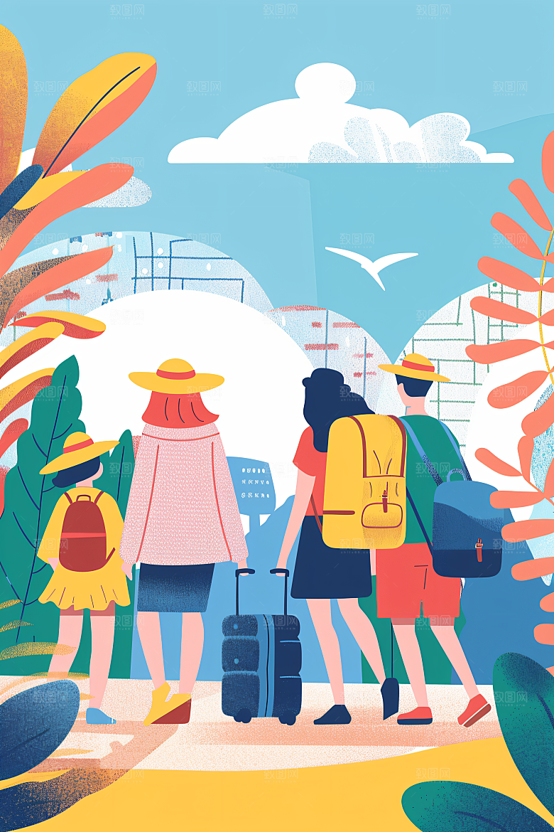 扁平风旅游自由行户外插画