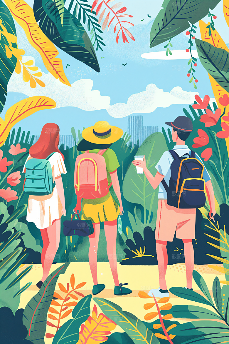 扁平风旅游手绘自由行插画