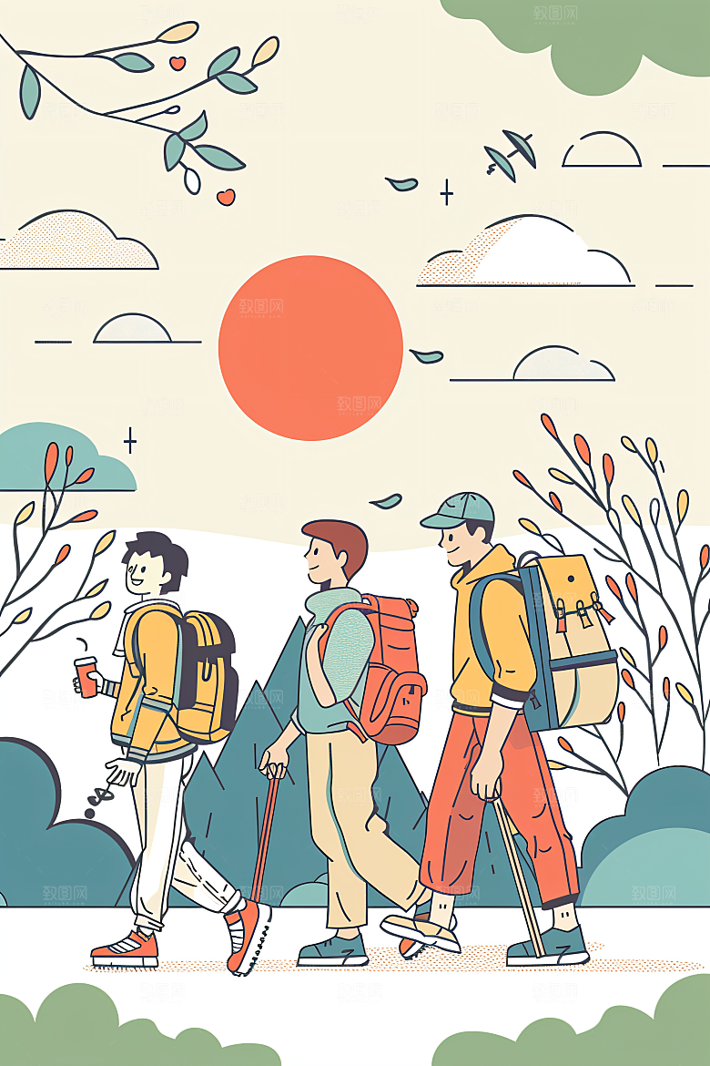 扁平风旅游休闲徒步插画