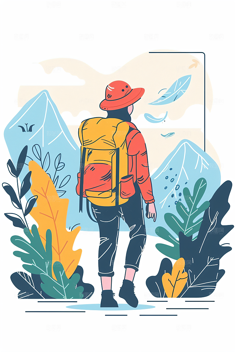 扁平风旅游休闲徒步插画