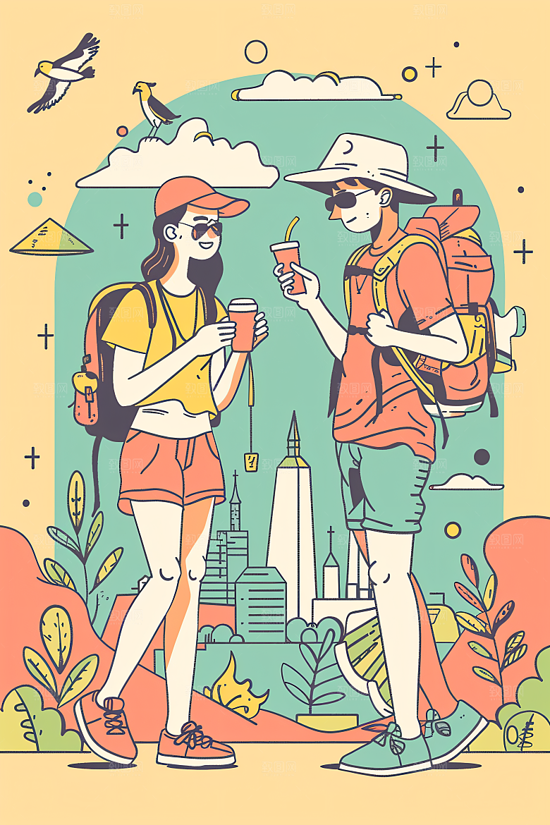 扁平风旅游清新氛围感插画