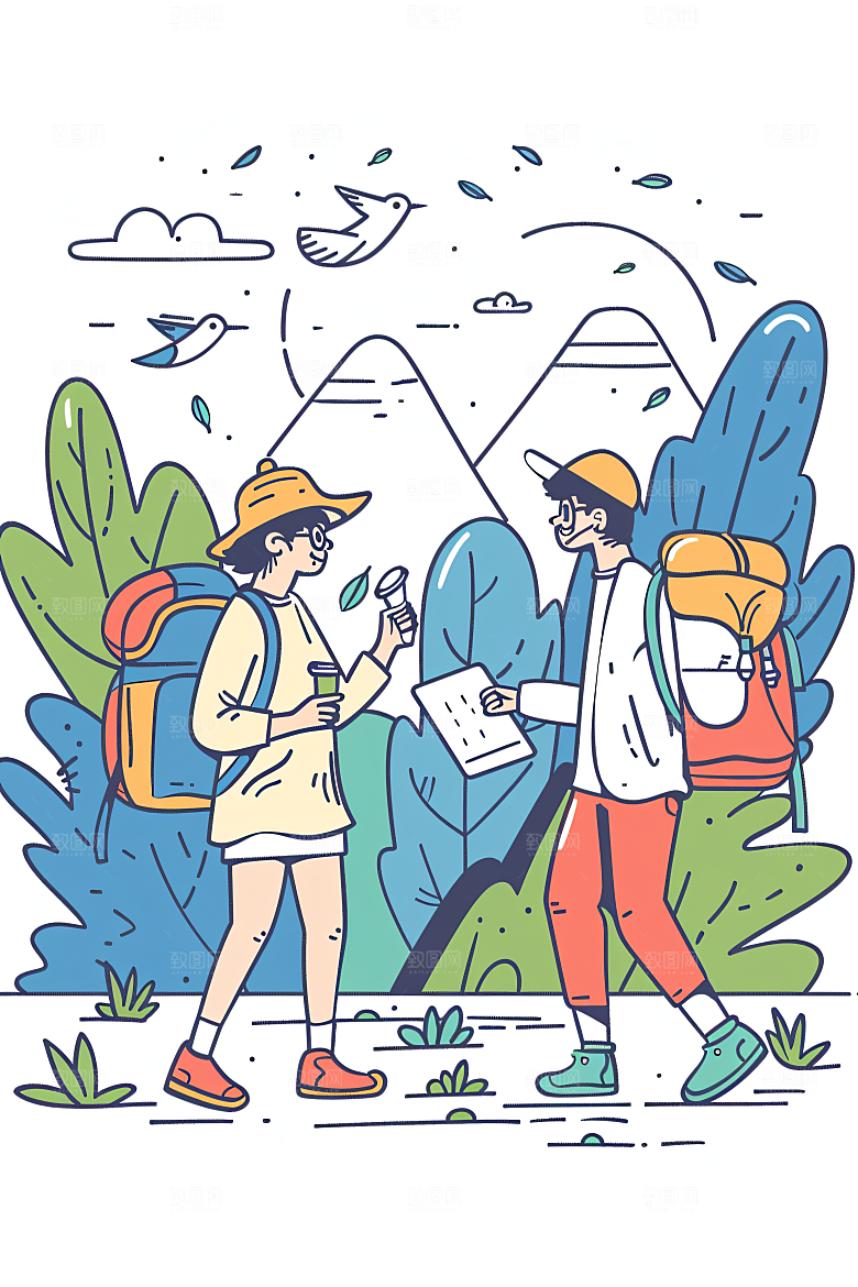 扁平风旅游自然露营插画