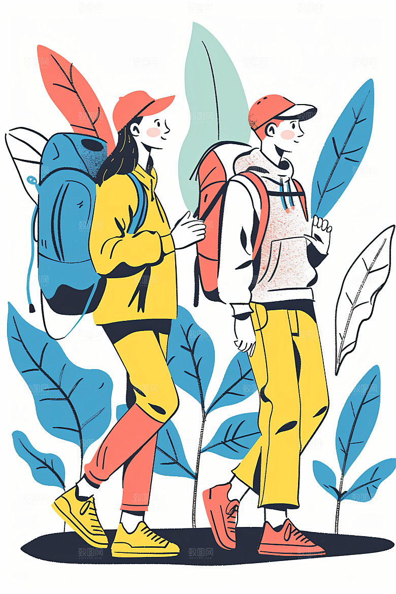 扁平风旅游徒步踏青插画