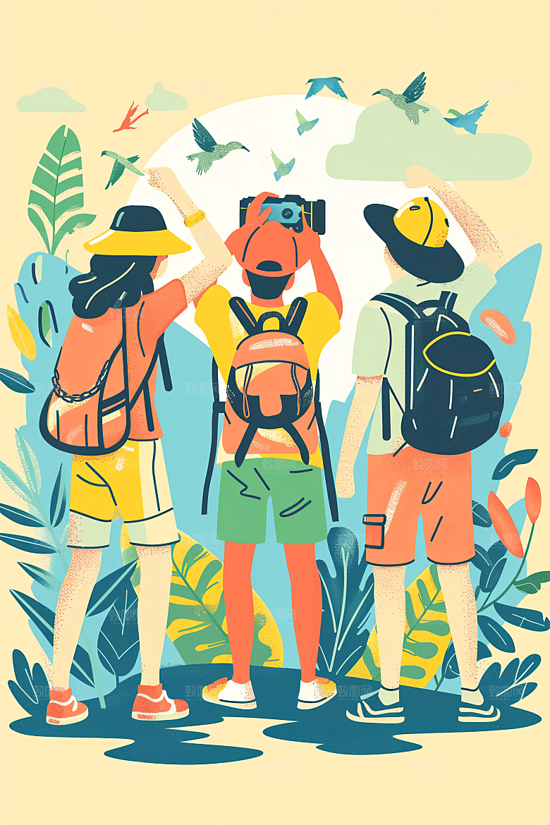 扁平风旅游踏青山野插画