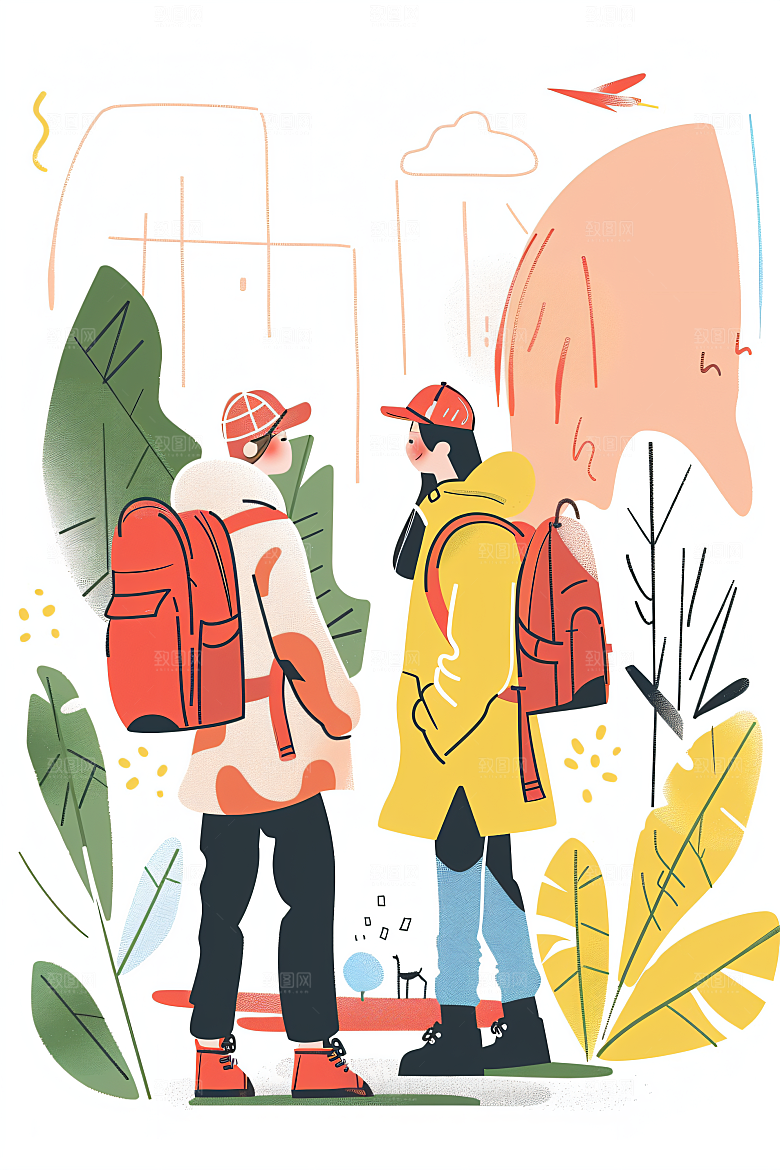 扁平风旅游氛围感徒步插画