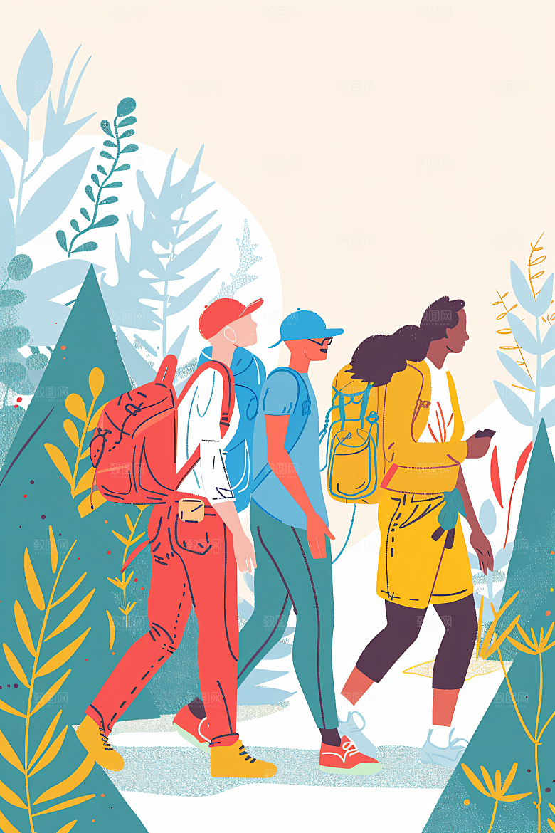 扁平风旅游清新踏青插画