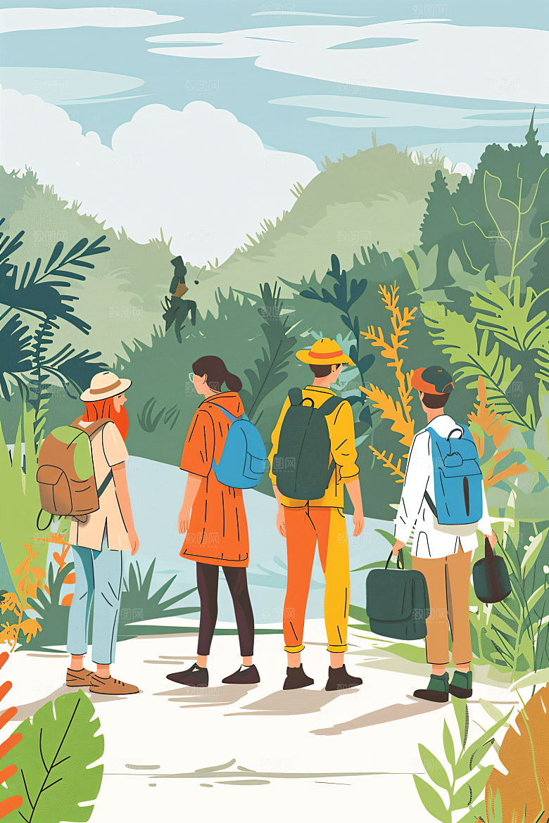 扁平风旅游自然清新插画