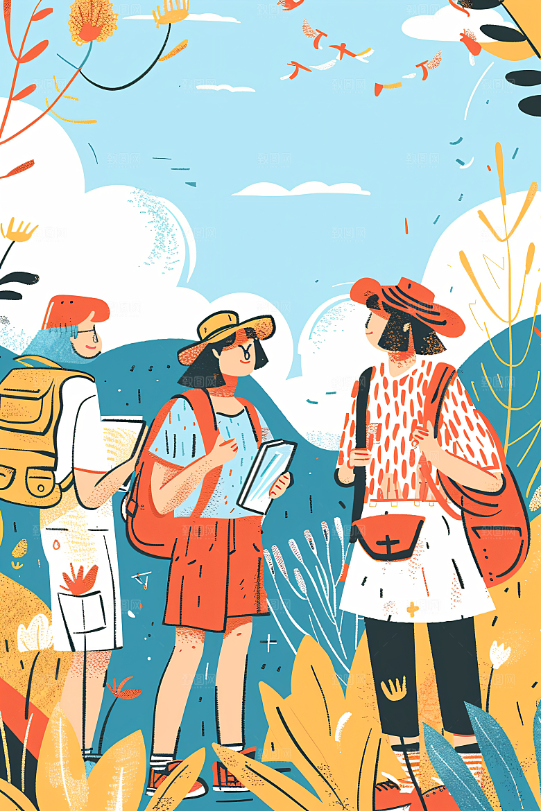 扁平风旅游自由行清新插画