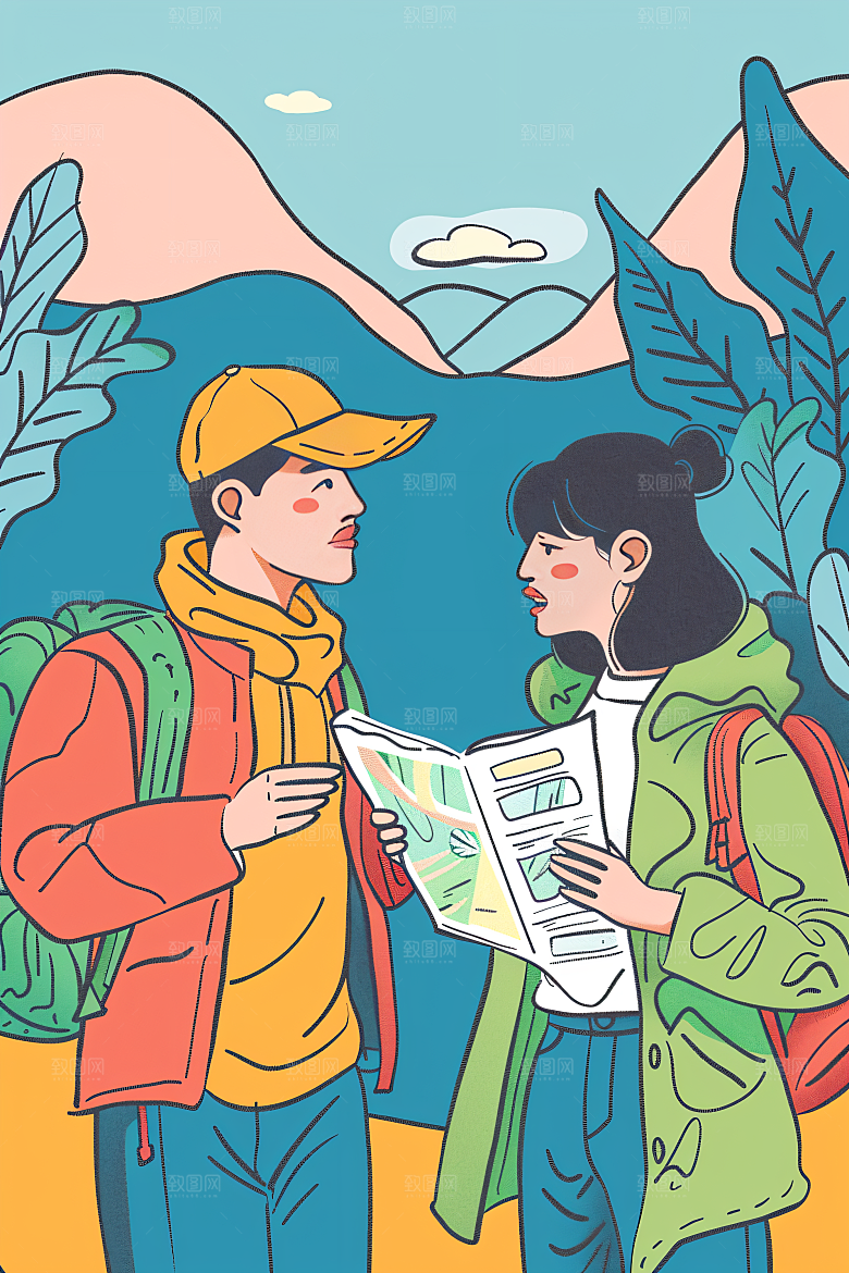 扁平风旅游徒步简约插画